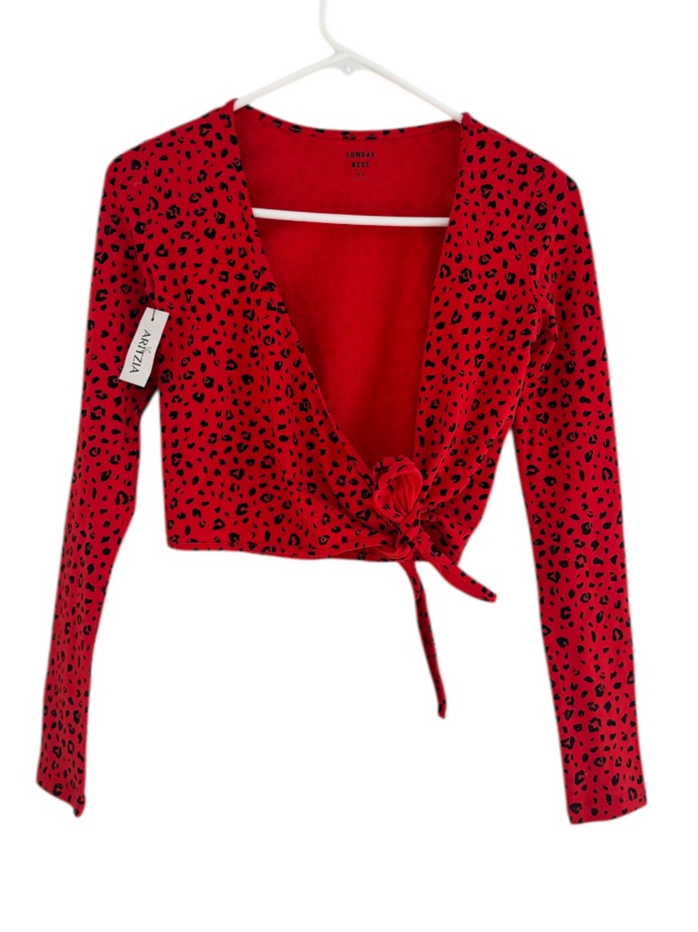 NWT ARITZIA SUNDAY BEST Red Leopard Tie Front wrap Crop Top XS